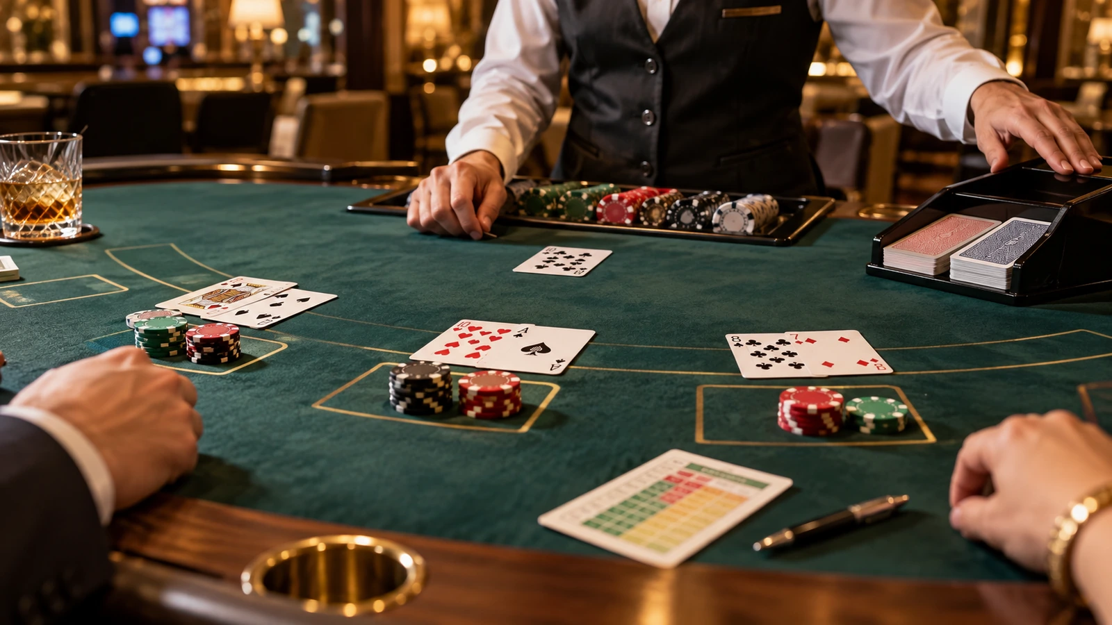 Blackjack tournament table with dealer and tournament chip stacks
