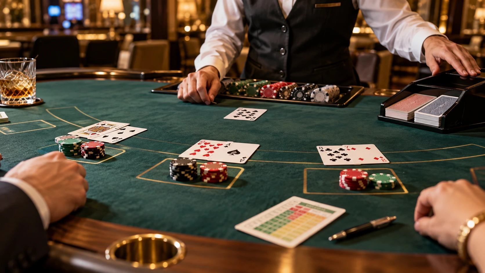 Dealer at a premium blackjack table with cards and chips